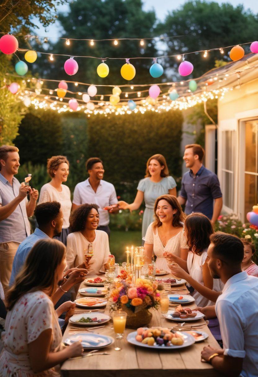 A vibrant garden party scene filled with diverse people laughing and enjoying surprise activities, such as confetti cannons and a balloon artist creating whimsical shapes. Festive decorations with colorful streamers and twinkling lights overhead create a magical atmosphere. Include a table with an assortment of delicious treats and unique party favors for guests to discover. The sun is setting in the background, casting a warm glow on the joyful celebration. super-realistic. vibrant colors. outdoor setting.