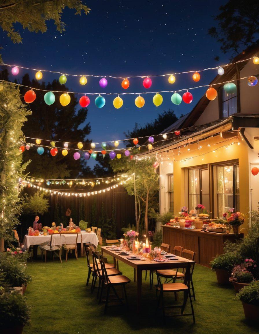 A vibrant, colorful scene of a surprise party in a beautifully decorated backyard with balloons, confetti, and a large banner saying 'Surprise!'. Guests of various ages and backgrounds are joyfully reacting to the moment, some with wide smiles and others with hands clasped in excitement. A table displaying various delicious snacks and a stylish cake adds to the festive atmosphere. The setting is warm and inviting with fairy lights twinkling above. super-realistic. vibrant colors. 3D.